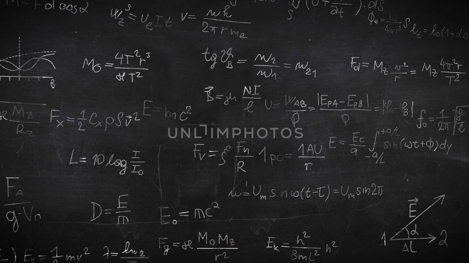 Blackboard with physical equations and formulas. 2d illustration.