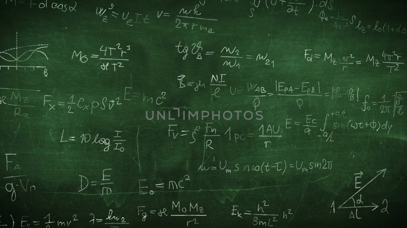 Physical formulas and drawings on a chalkboard. Illustration.