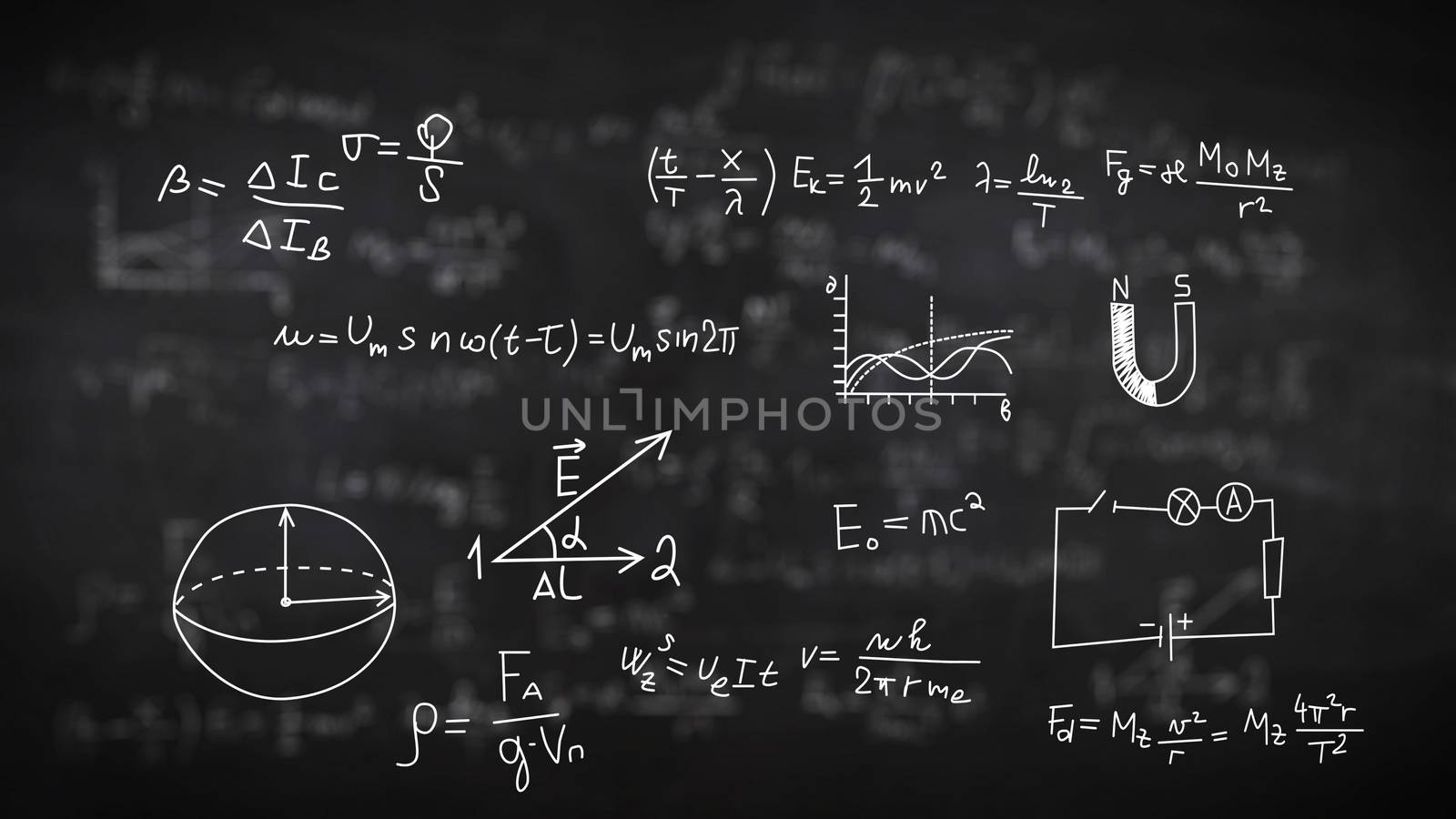 Back to school. Physical formulas on black background. 