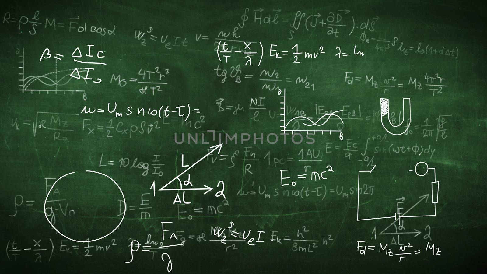 2D illustration of physical formulas, tasks, plots on a chalkboard.