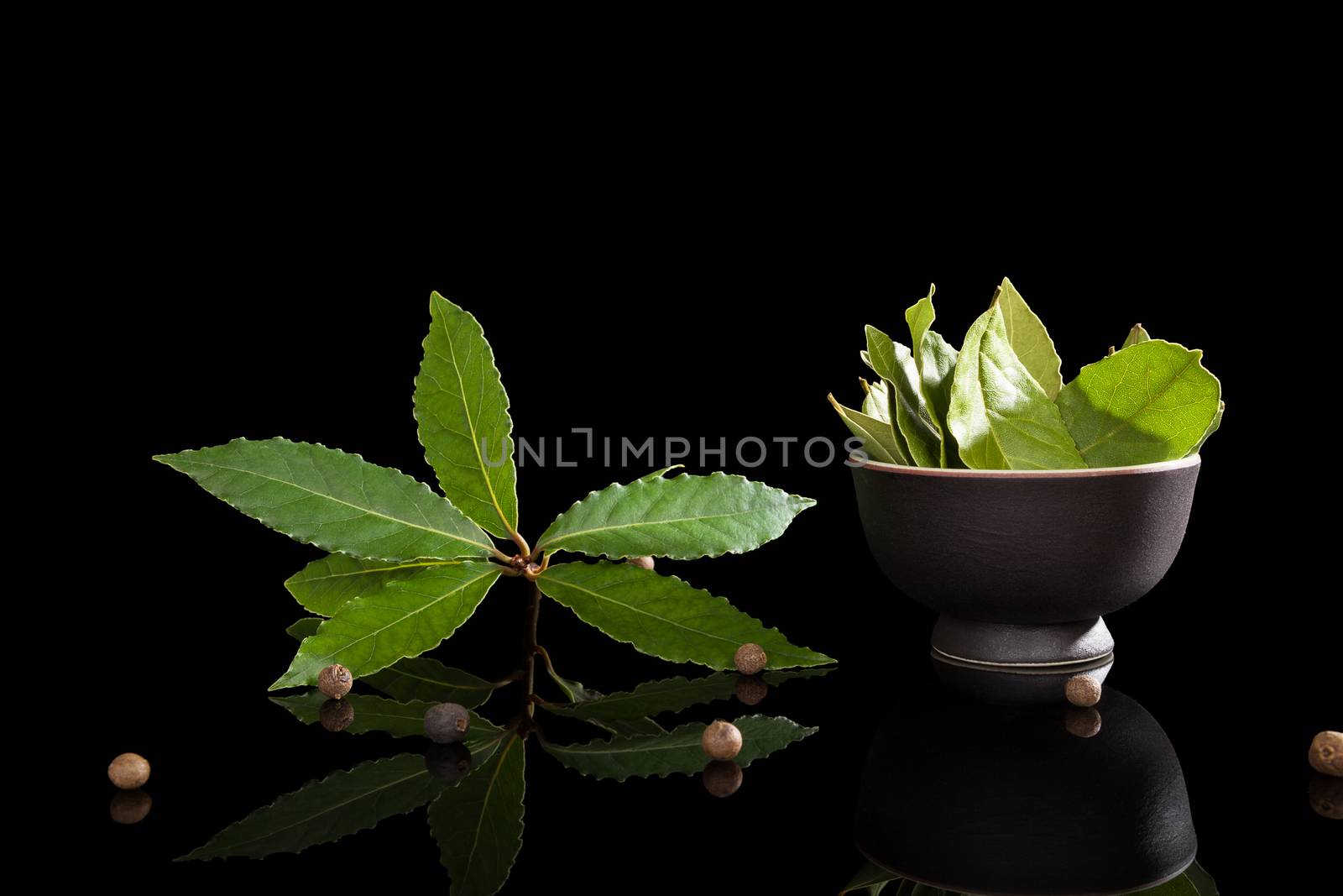 Bay leaves isolated on black. by eskymaks