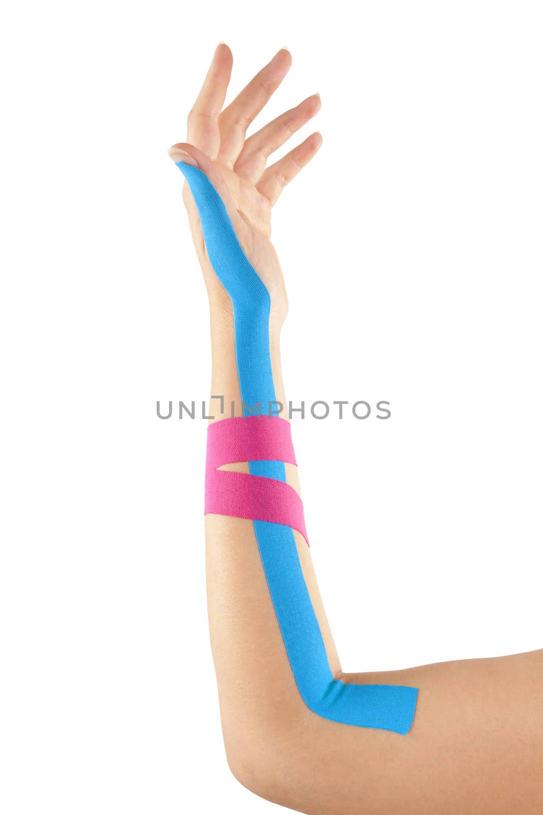 Kinesio tape on female hand isolated on white background. Chronic pain, alternative medicine. Rehabilitation and physiotherapy.