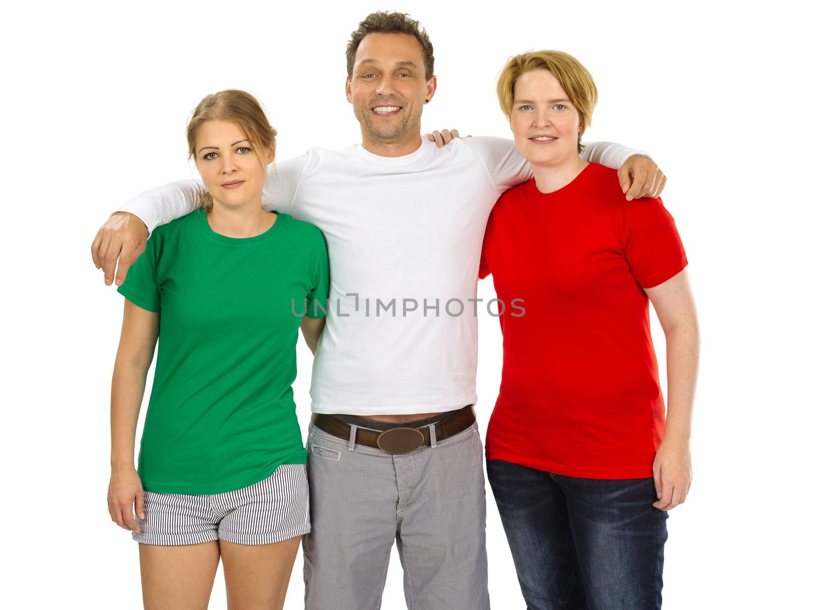 Photo of three people wearing green, white, and red blank t-shirts as the colours of the flag of Italy. Ready for your design or artwork.