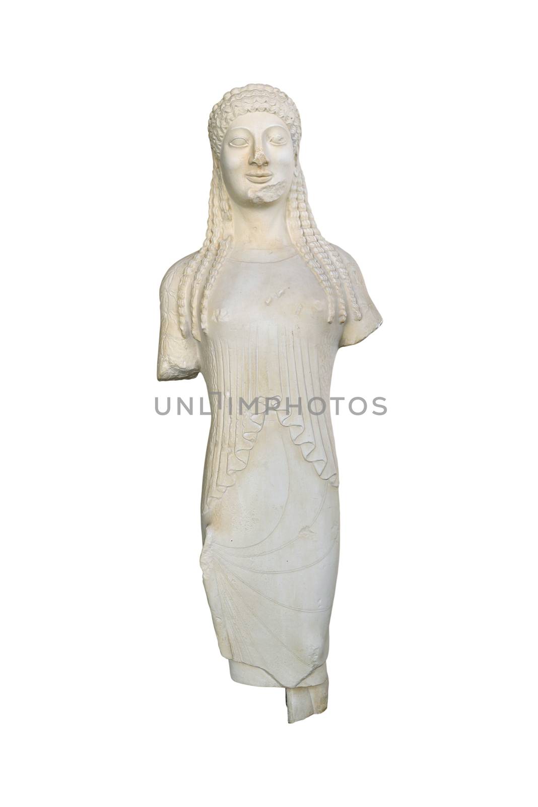 Marble greek kore statuette isolated over white