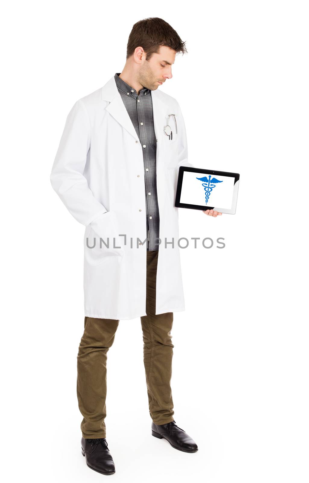 Doctor holding tablet, isolated on white - Caduceus symbol