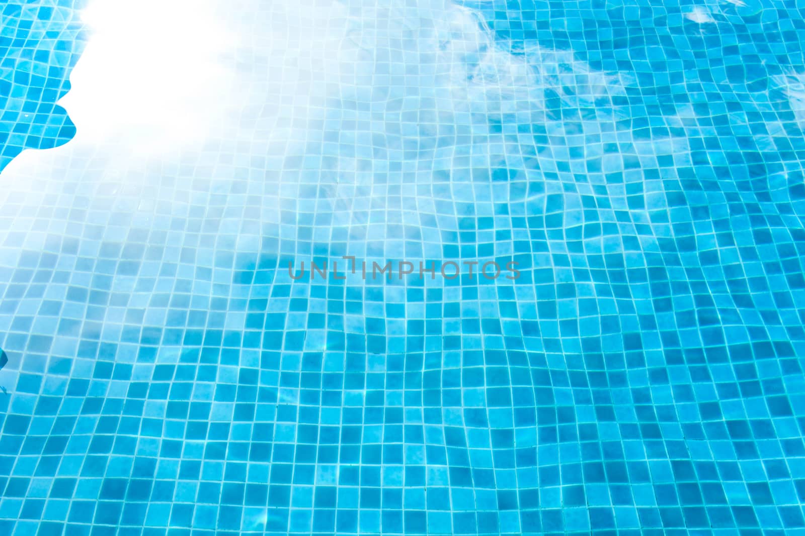 Blue tiled swimming pool background. View from eye by nopparats
