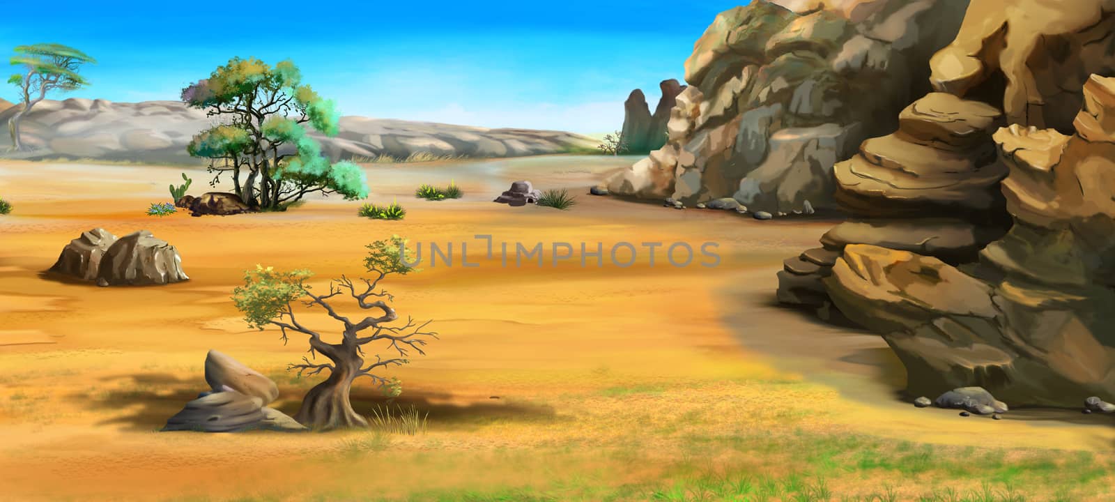 African Landscape with Trees Near the Mountains in a Summer Day by Multipedia