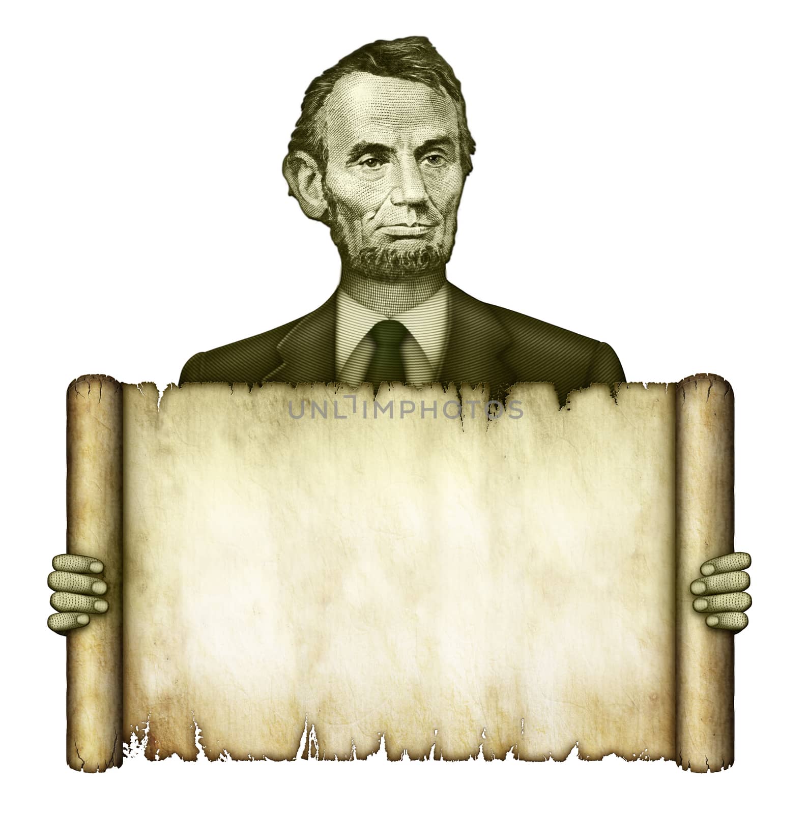 Illustration of a blank scroll being held by Abraham Lincoln from the five dollar bill.