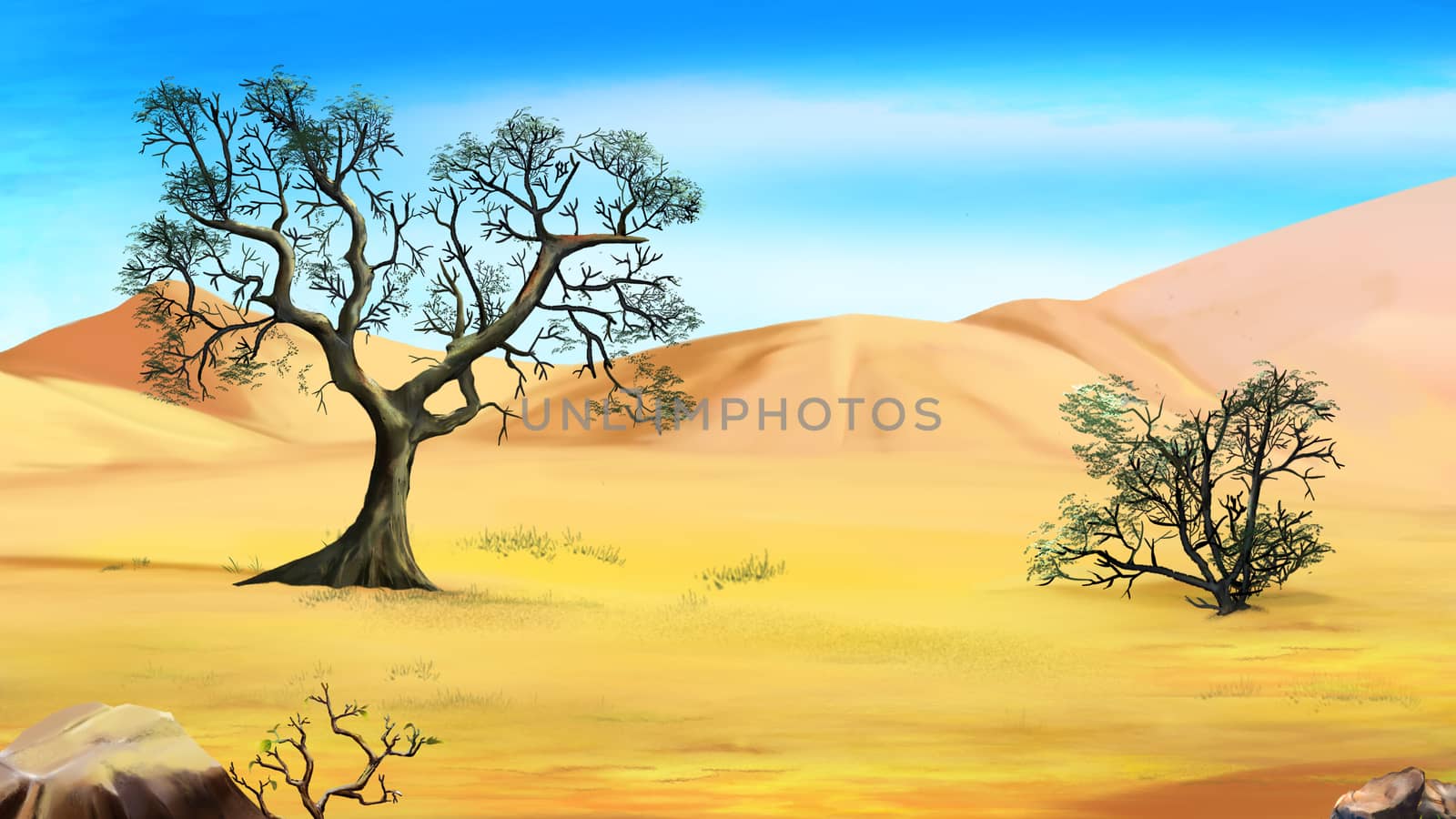 Digital Painting, Illustration of a trees on the edge of the desert. Cartoon Style Character, Fairy Tale Story Background.