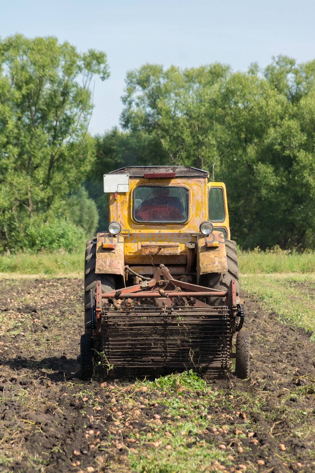 The photo depicts a tractor digging potatoes