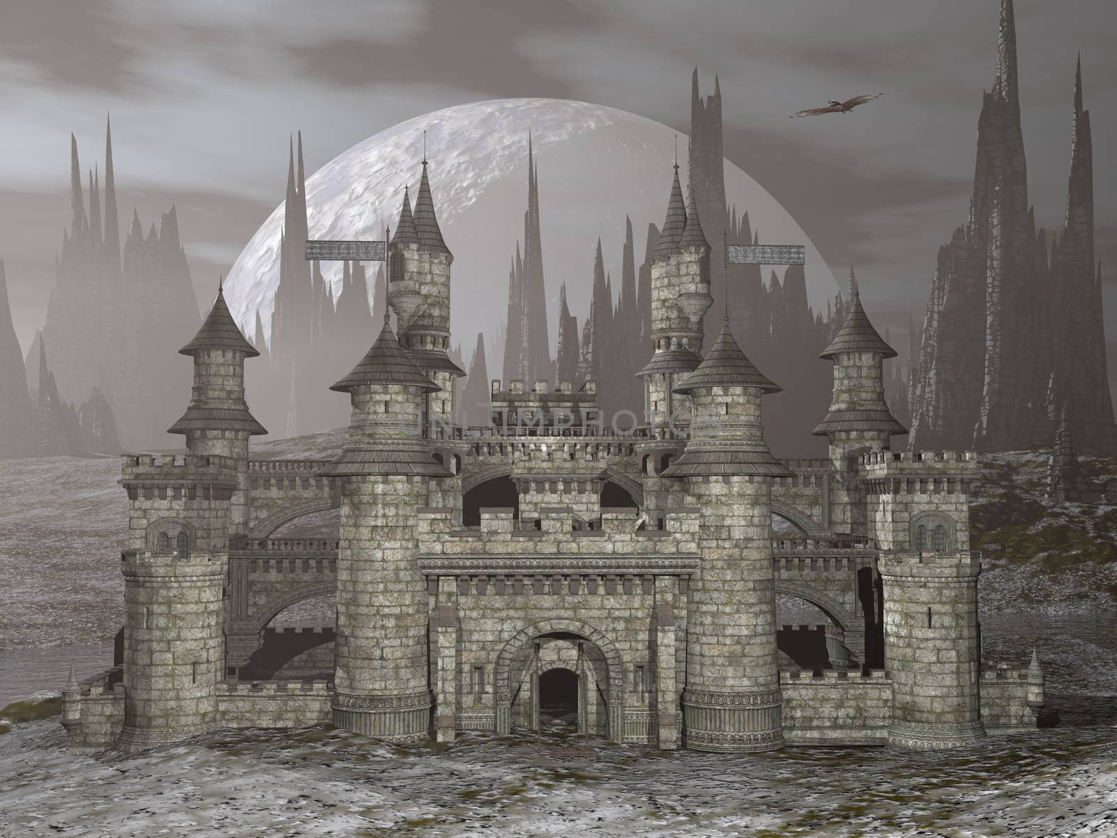 Beautiful detailed castle in front of big moon by grey night - 3D render