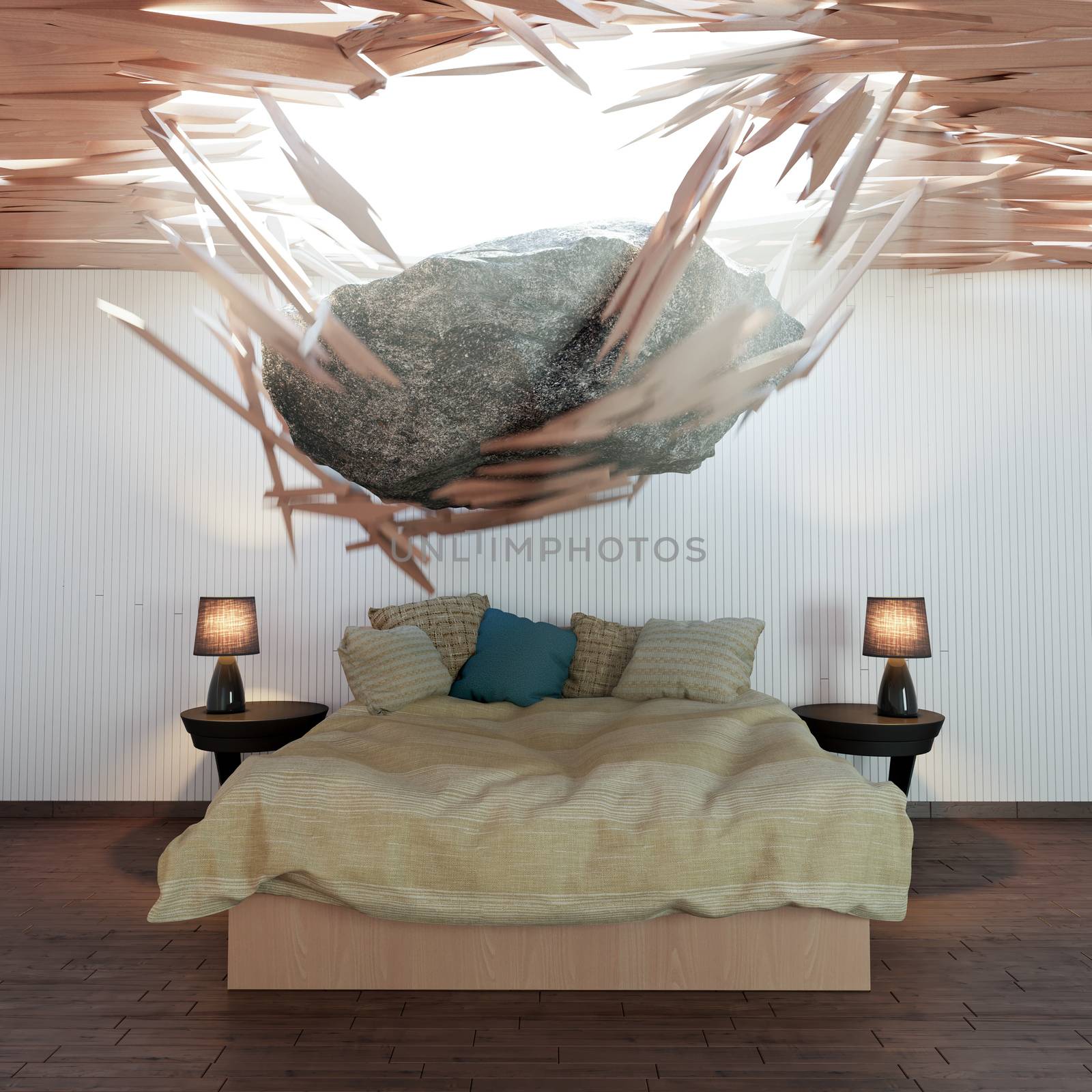 bedroom and falling stone conceptual 3d illustration by denisgo