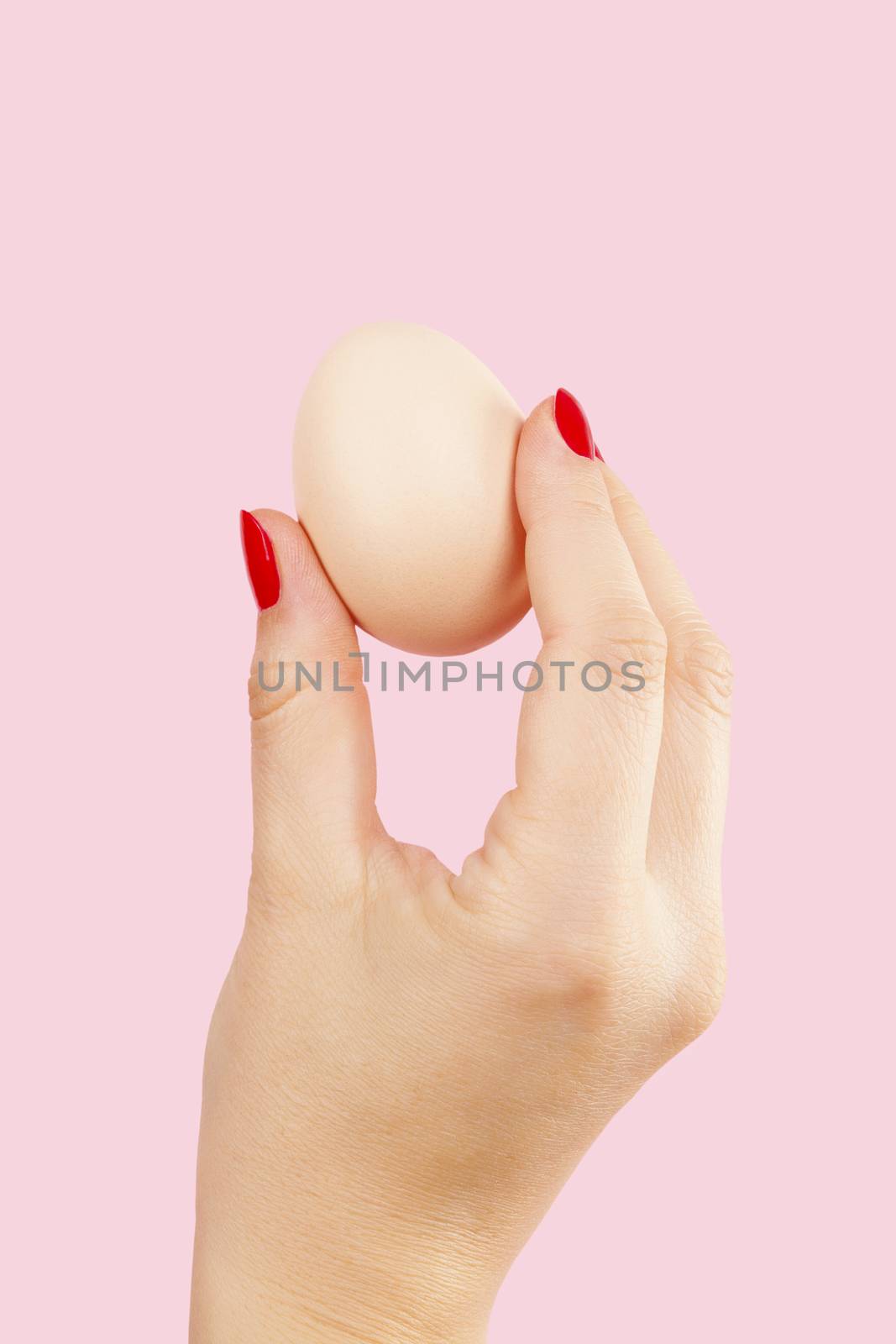 Female hand with red fingernails holding two eggs isolated on pink background. Feminism, emancipation, provocation and relationship problems.