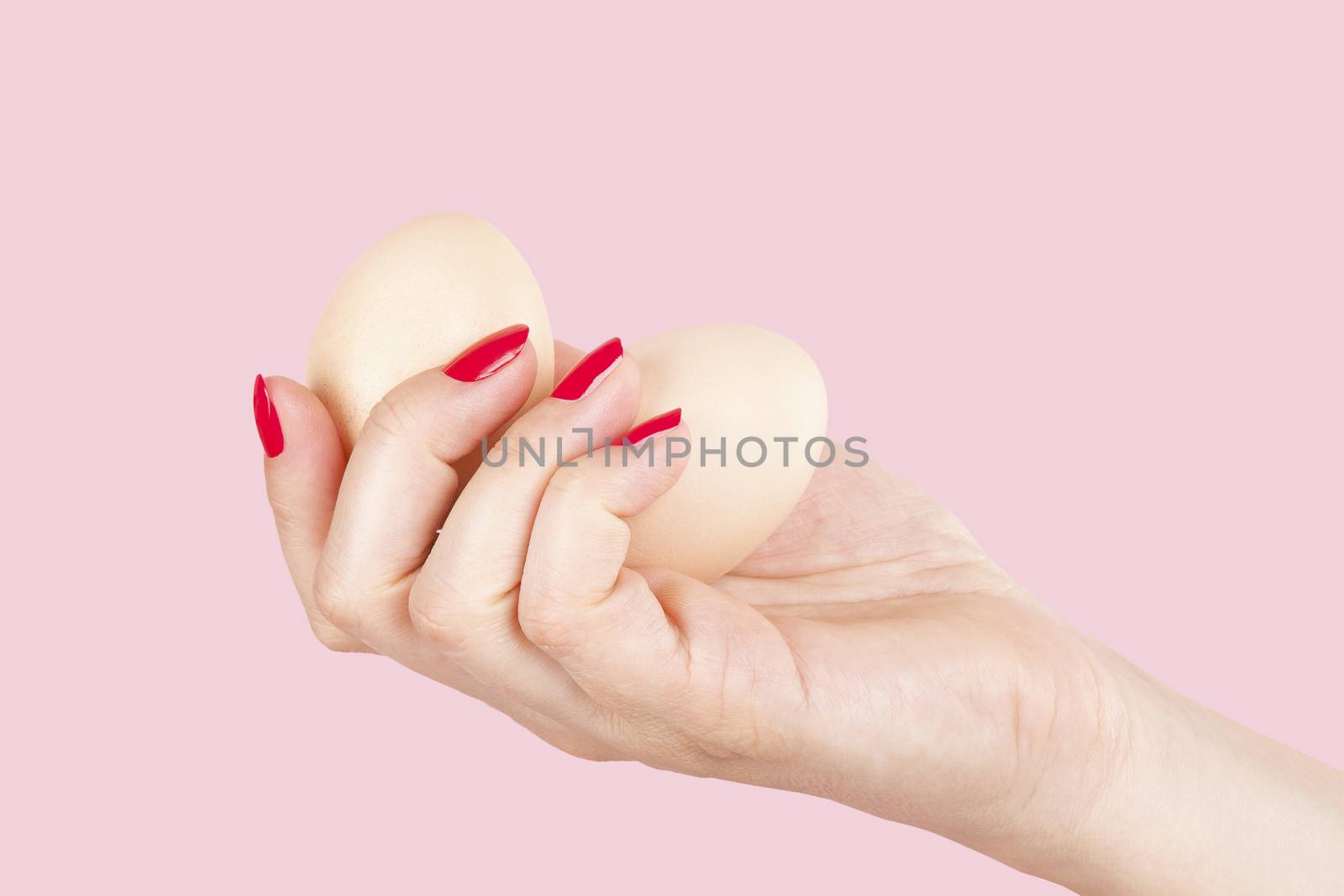 Female hand with red fingernails holding two eggs. by eskymaks