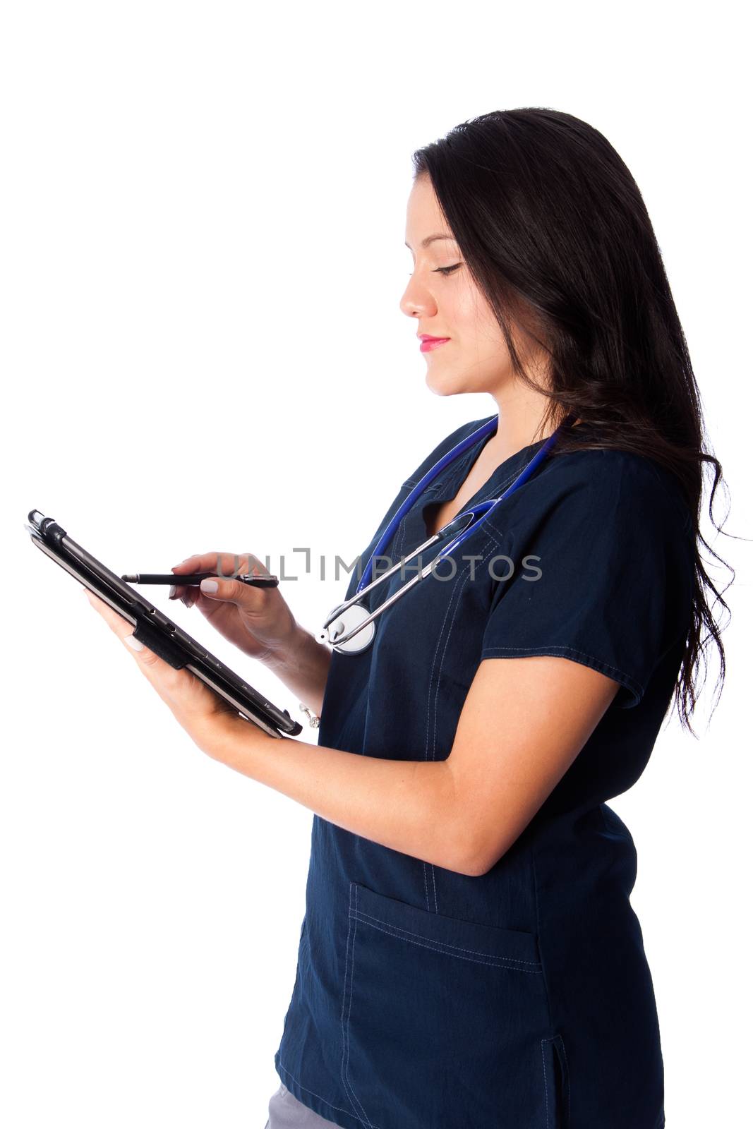 Happy nurse updating writing in digital tablet patient chart medical records, on white.