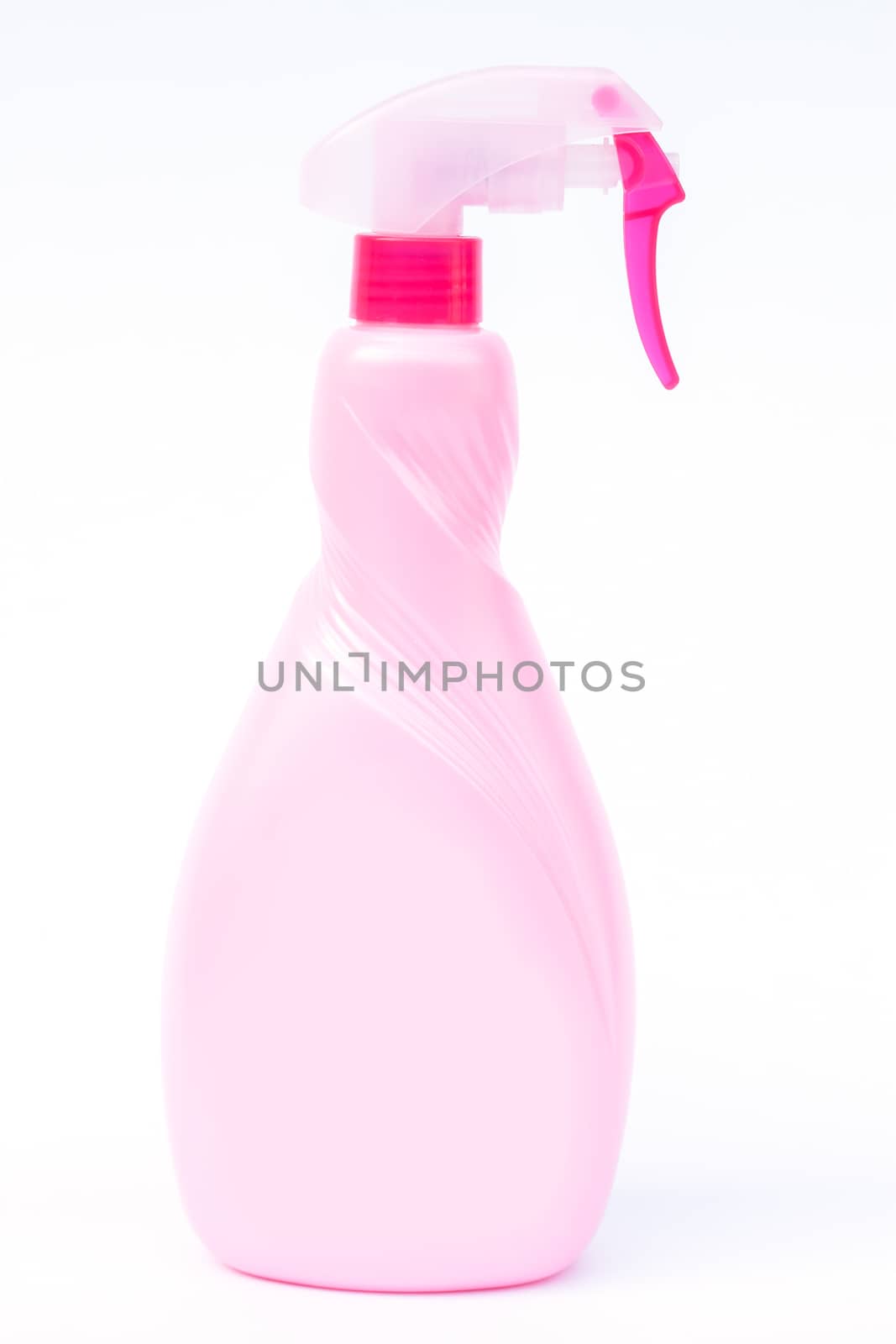 Pink plastic foggy spray bottle isolated on white background, stock photo
