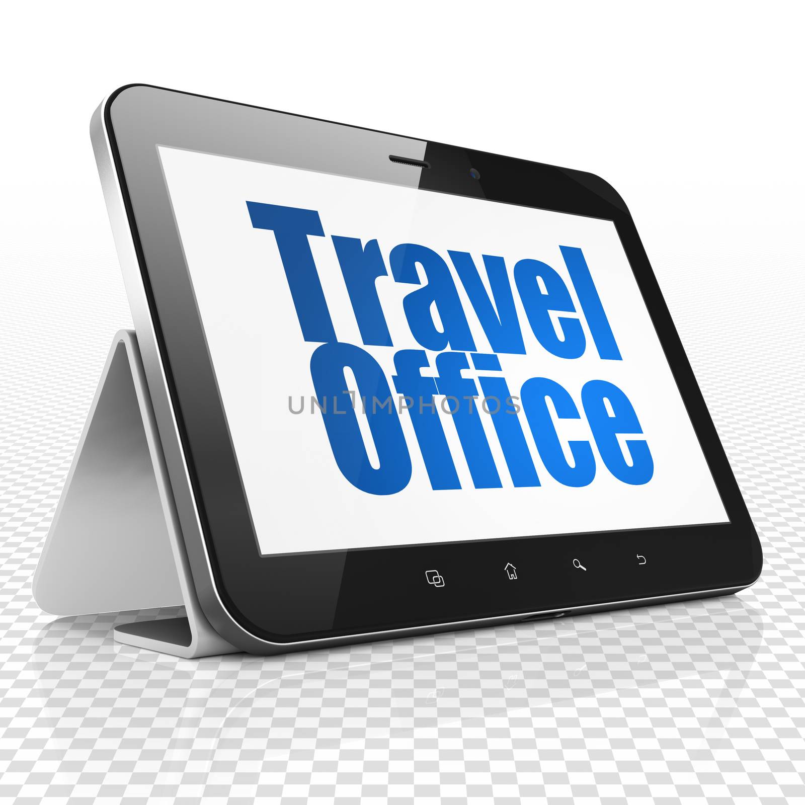 Travel concept: Tablet Computer with blue text Travel Office on display, 3D rendering