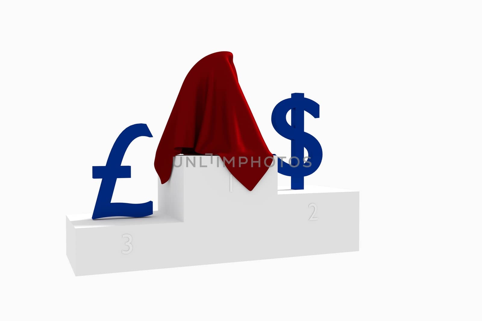Hidden currency winner blue Dollar and Yen under red cloth 3D rendered illustration