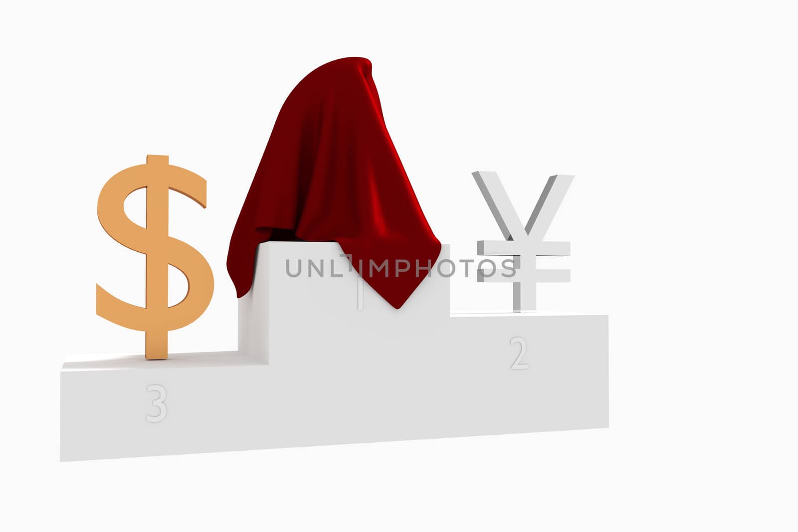 Hidden currency winner colored Yen and Dollar under red cloth 3D rendered illustration