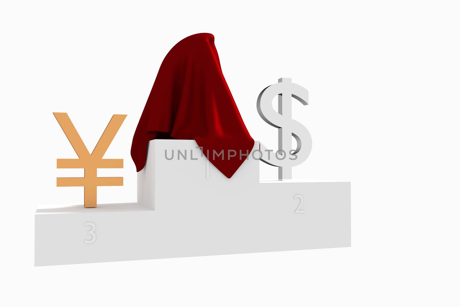 Hidden currency winner colored Dollar and Yen under red cloth 3D rendered illustration