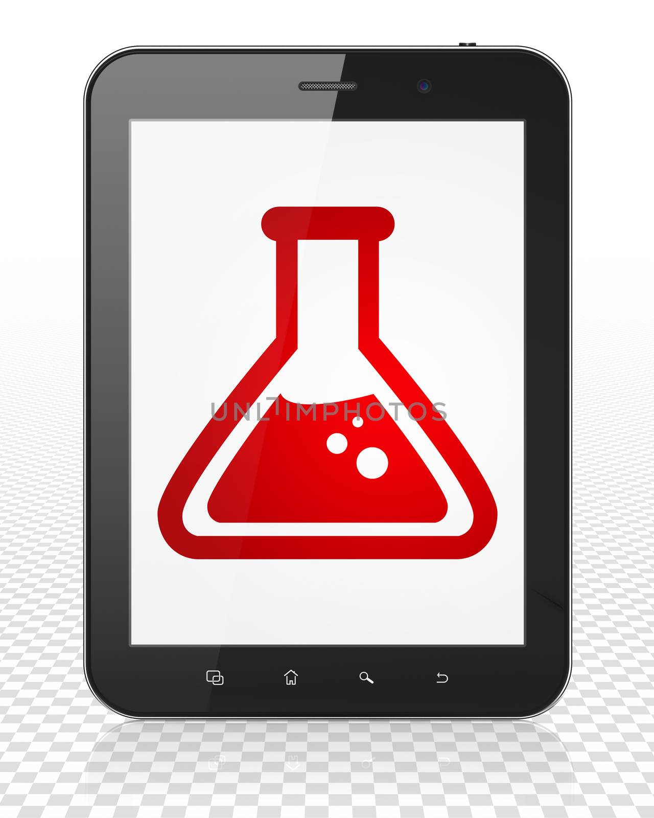 Science concept: Tablet Pc Computer with Flask on display by maxkabakov