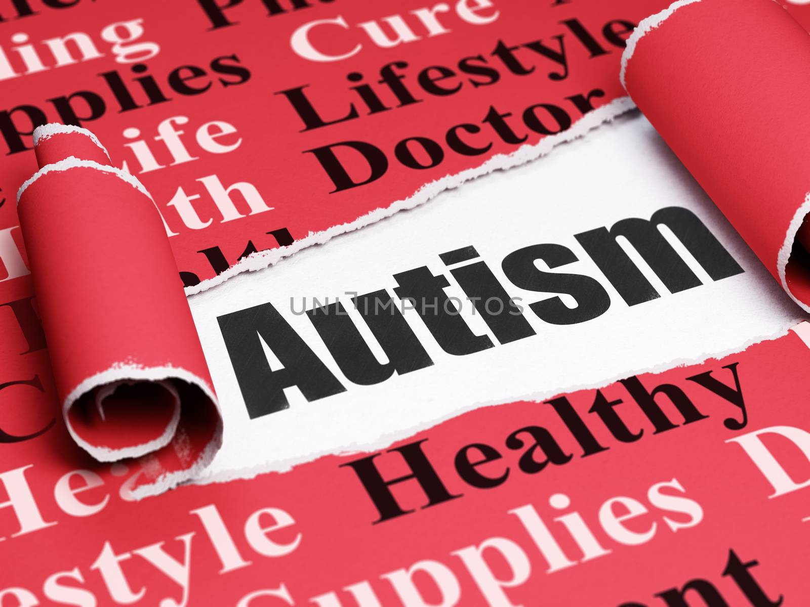 Health concept: black text Autism under the curled piece of Red torn paper with  Tag Cloud, 3D rendering