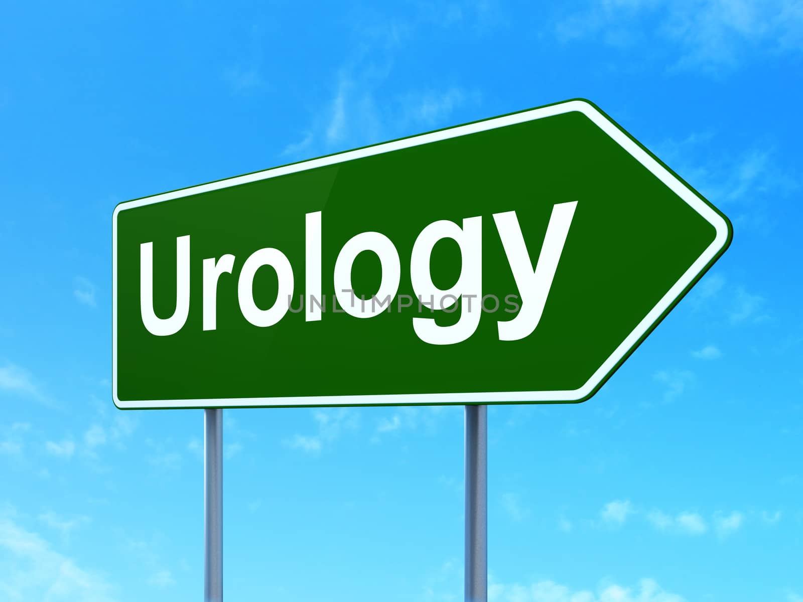 Healthcare concept: Urology on green road highway sign, clear blue sky background, 3D rendering