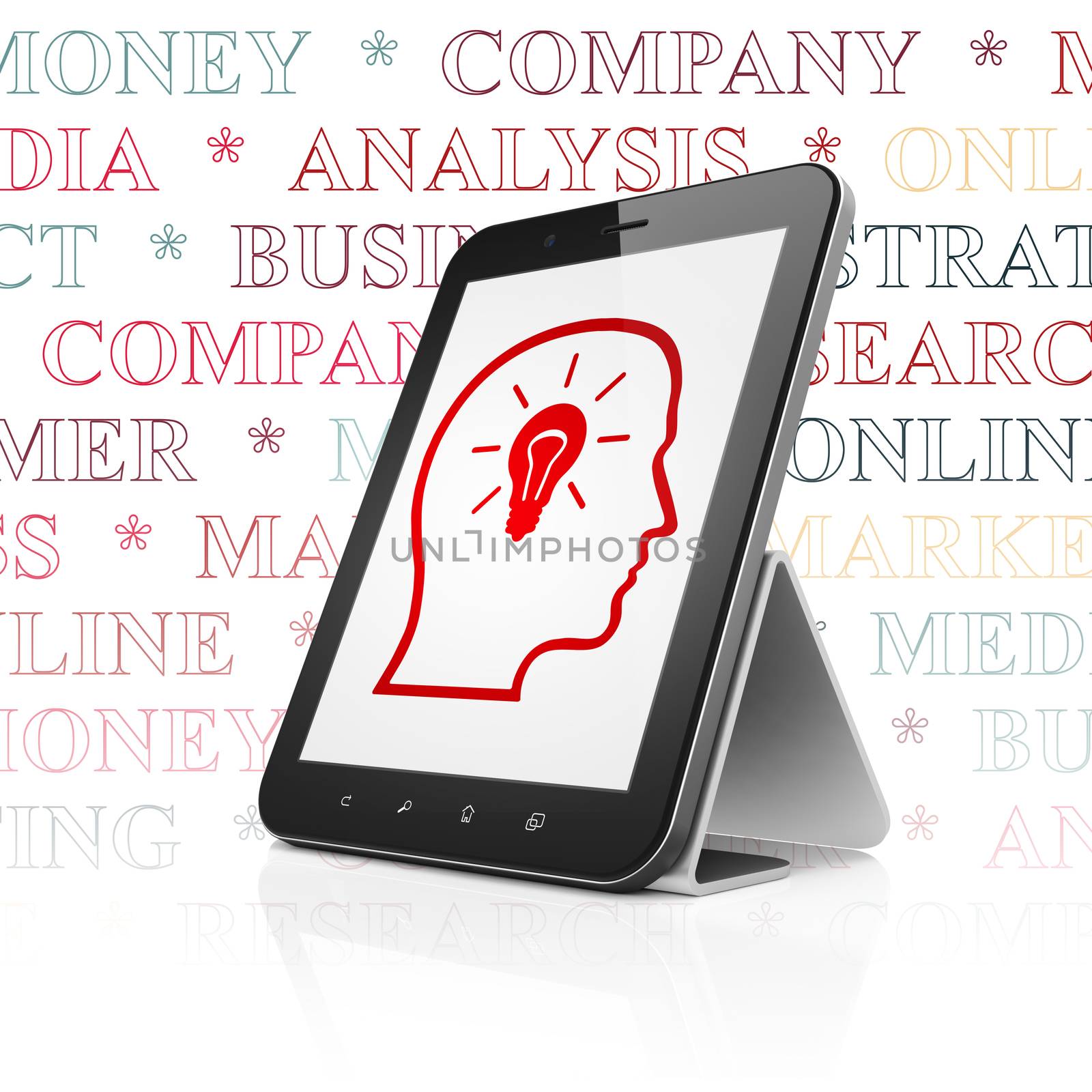 Marketing concept: Tablet Computer with  red Head With Lightbulb icon on display,  Tag Cloud background, 3D rendering