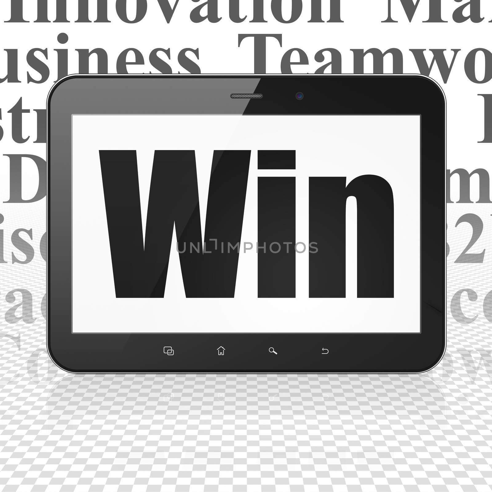 Business concept: Tablet Computer with  black text Win on display,  Tag Cloud background, 3D rendering