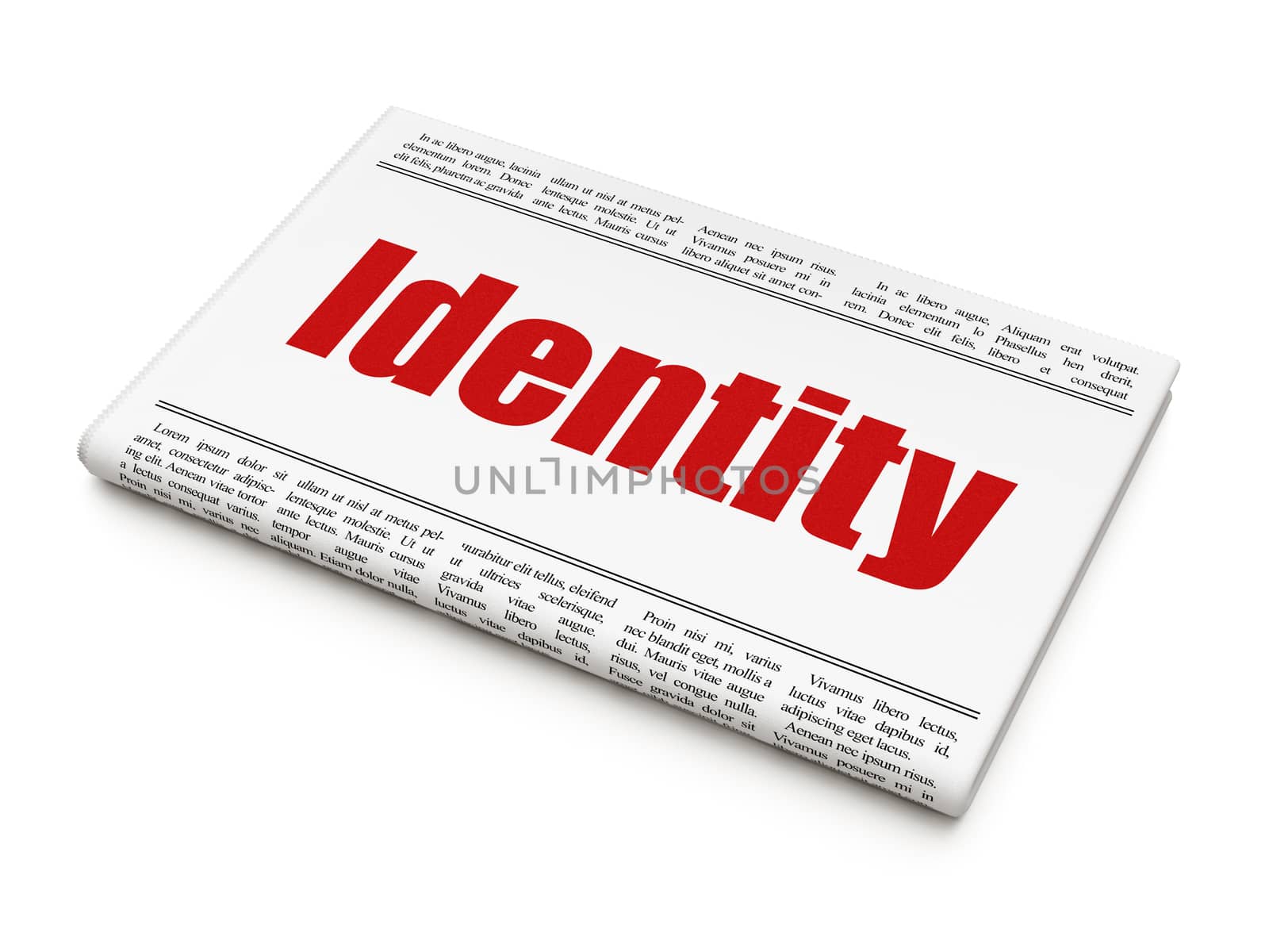 Privacy concept: newspaper headline Identity on White background, 3D rendering