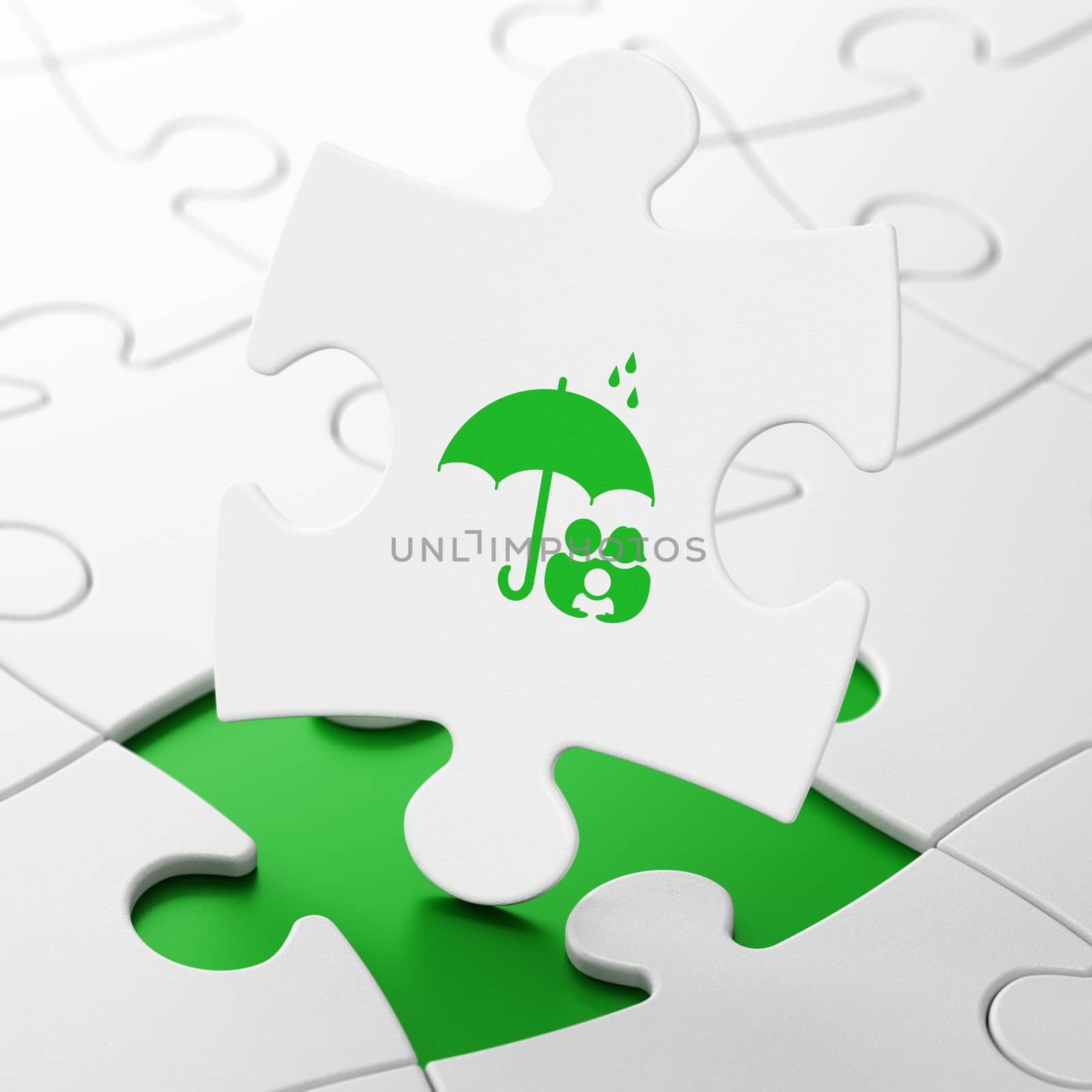 Safety concept: Family And Umbrella on White puzzle pieces background, 3D rendering