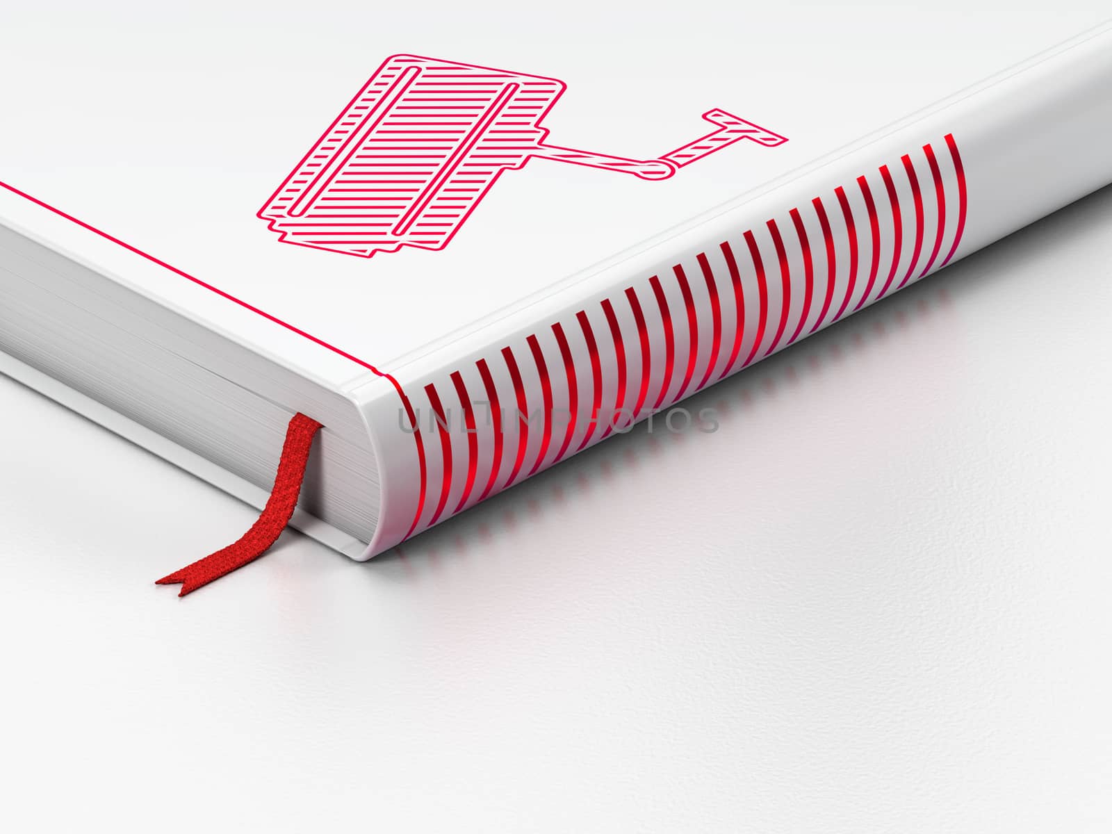 Protection concept: closed book with Red Cctv Camera icon on floor, white background, 3D rendering