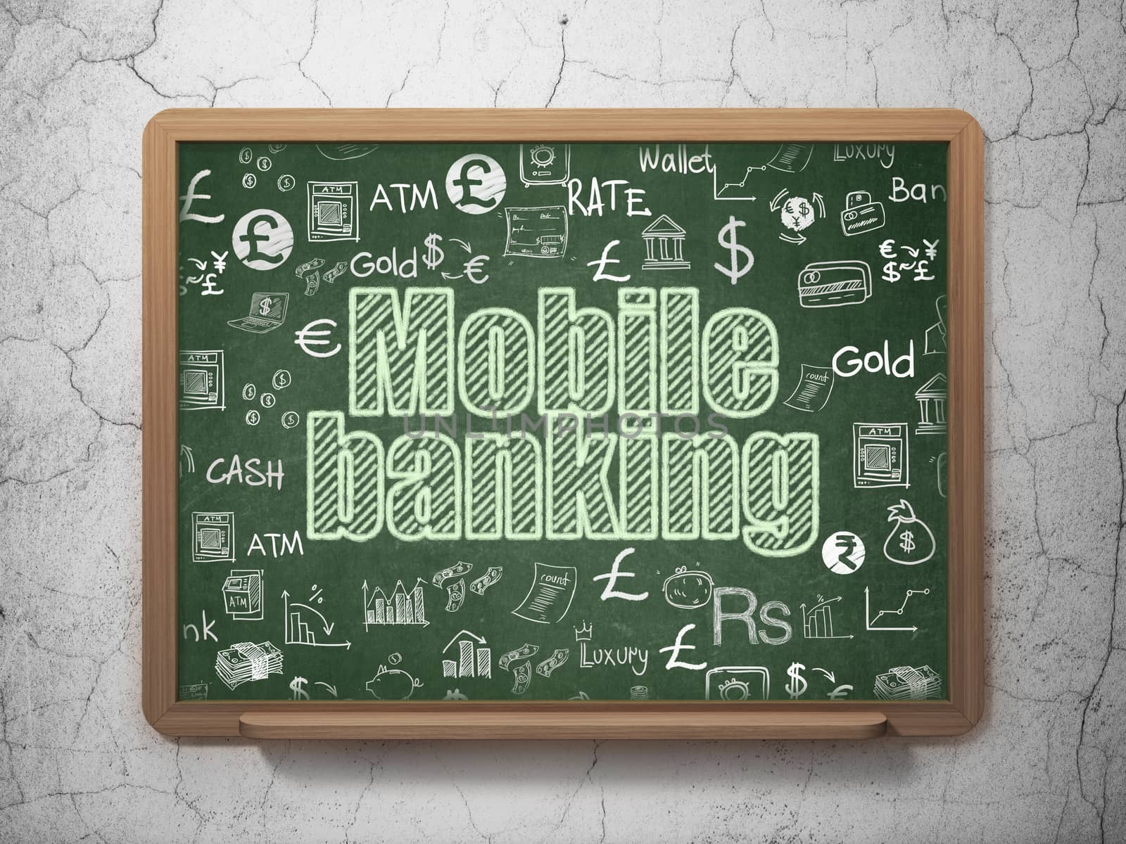 Banking concept: Chalk Green text Mobile Banking on School board background with  Hand Drawn Finance Icons, 3D Rendering