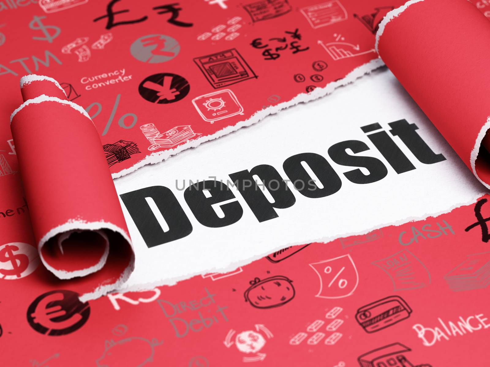 Money concept: black text Deposit under the curled piece of Red torn paper with  Hand Drawn Finance Icons, 3D rendering