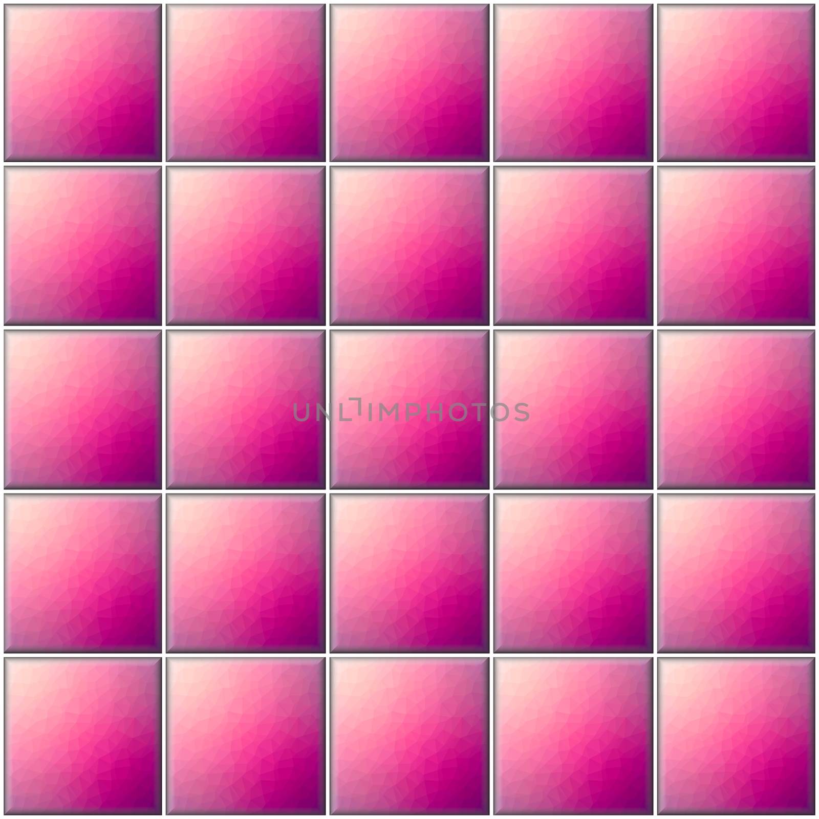 Square pink tiles with polygonal decor with white joints.