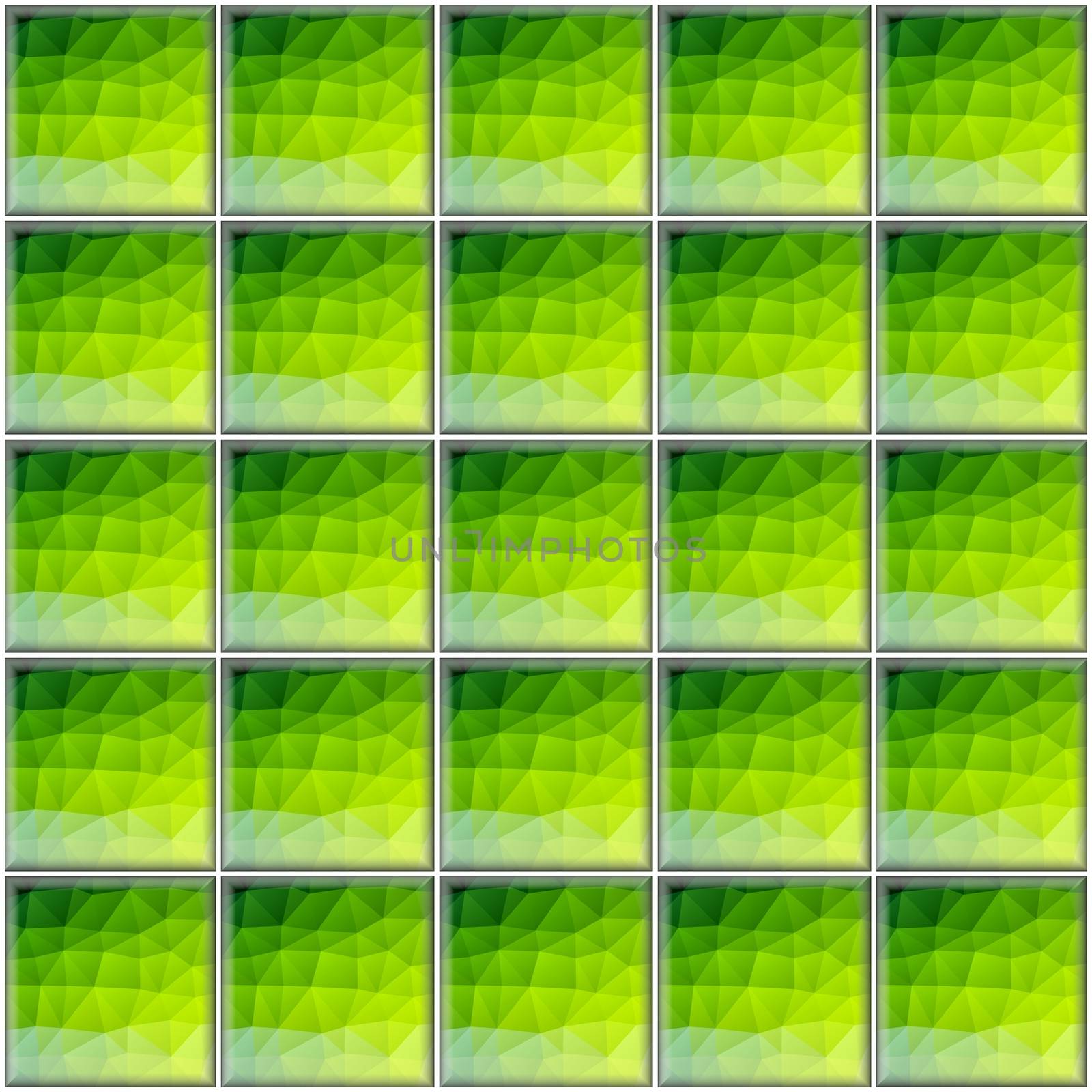 Square green tiles with polygonal decor with white joints.