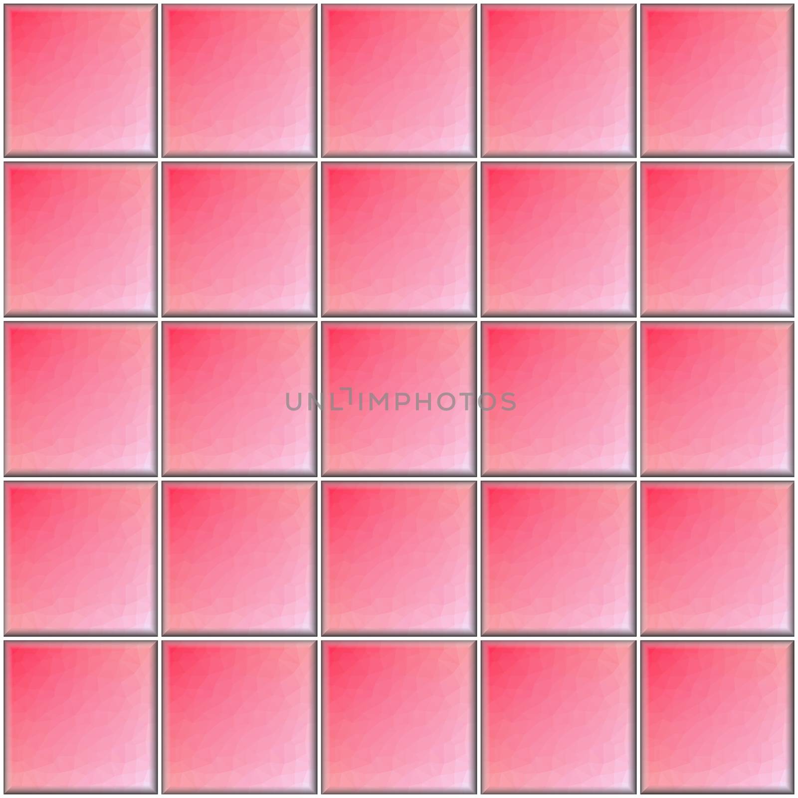 Square pink tiles with polygonal decor with white joints.