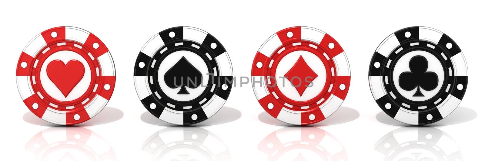 Set of standing gambling poker chips, with spade, heart diamond and club sign on it. 3D render Isolated on white background
