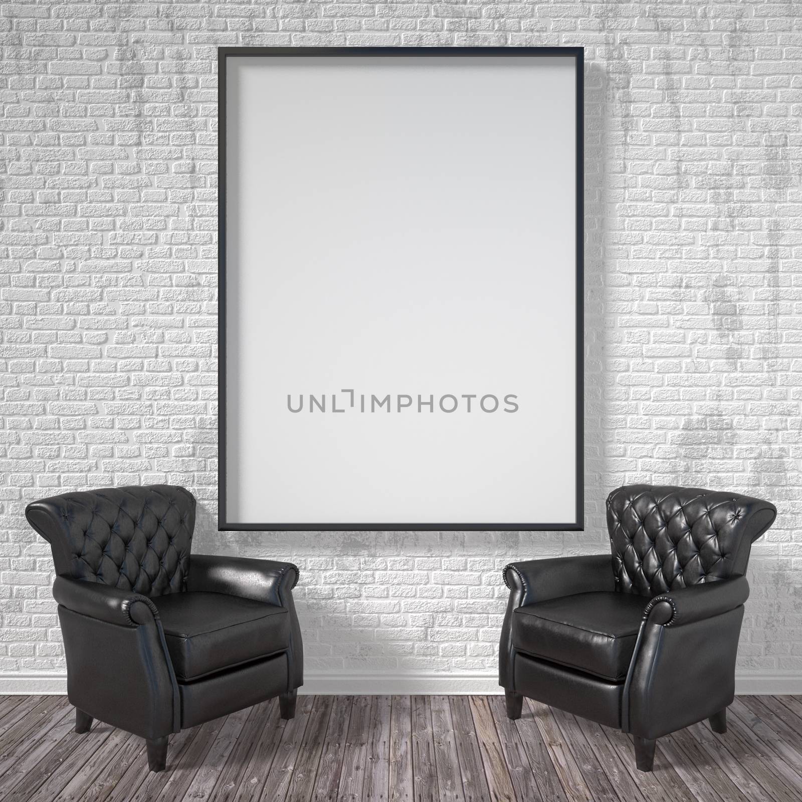 Blank picture frame with black armchairs. Mock up poster. 3D render illustration
