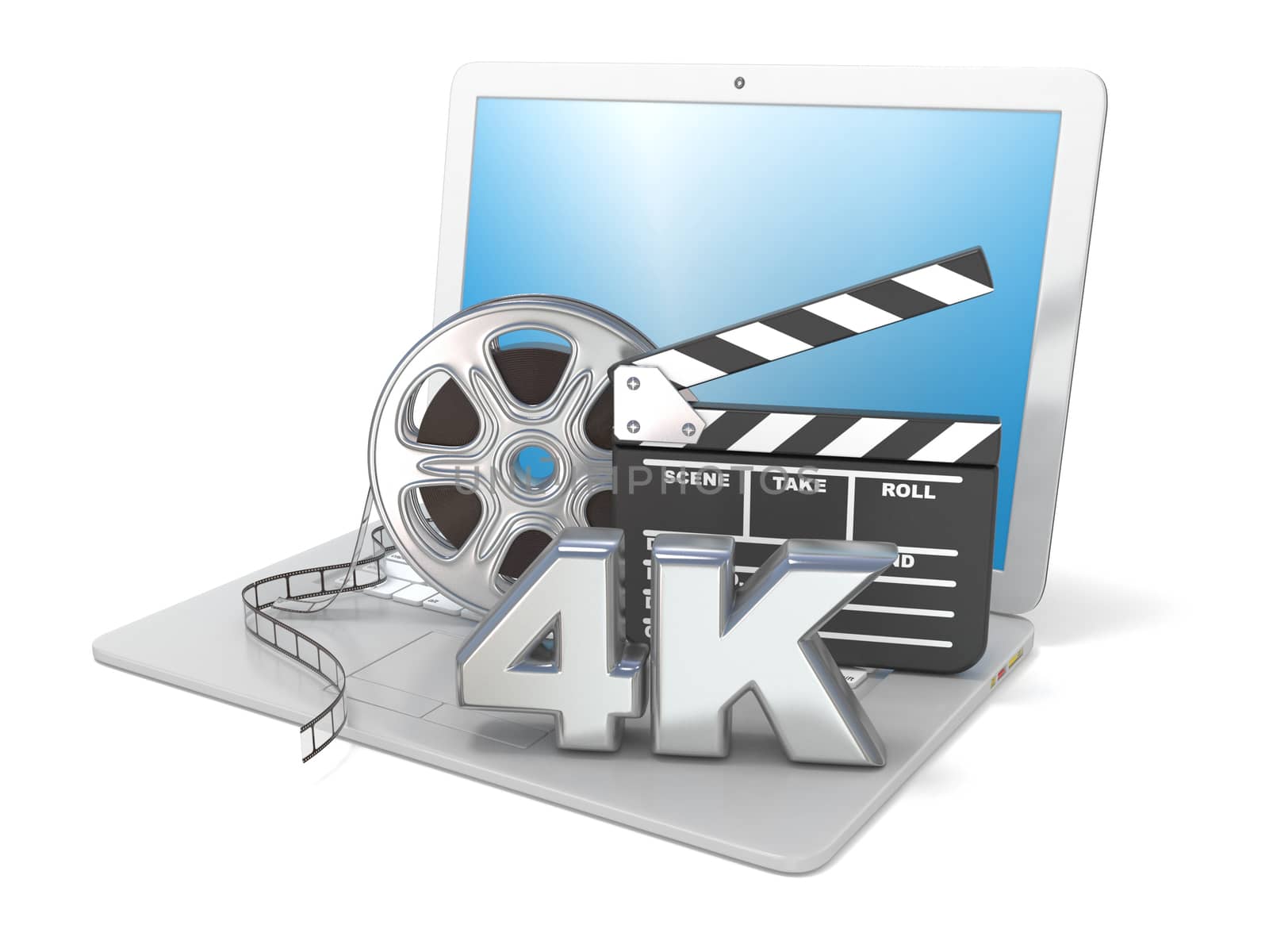 Laptop with film reels, movie clapper board and 4K video icon. 3D render illustration isolated on white background