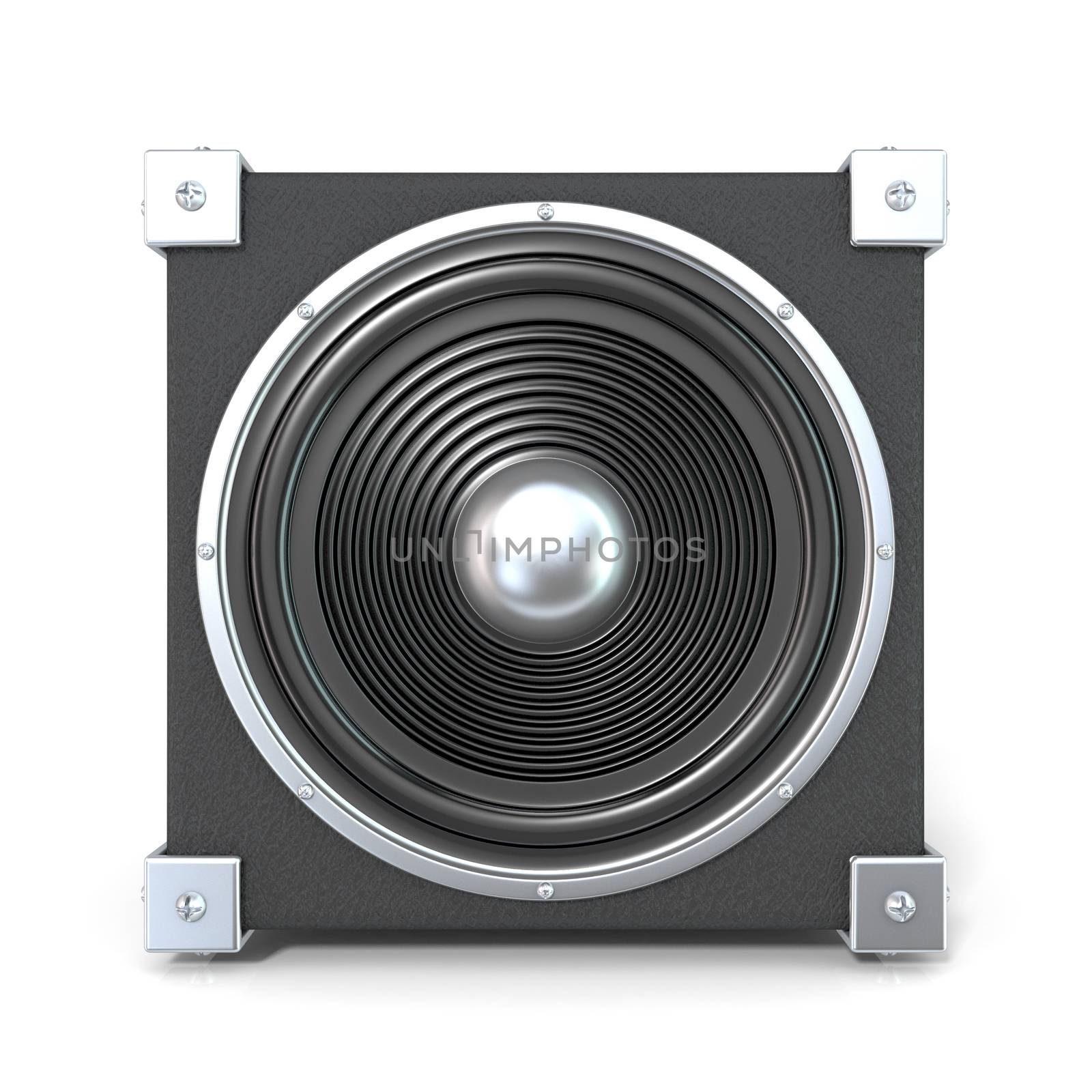 Black audio speaker. 3D render illustration isolated on white background. Front view.