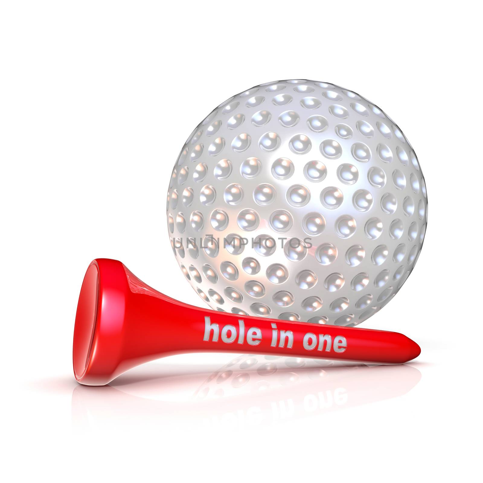 Golf ball and tee. Hole in one sign. Isolated over white background. 3D render illustration