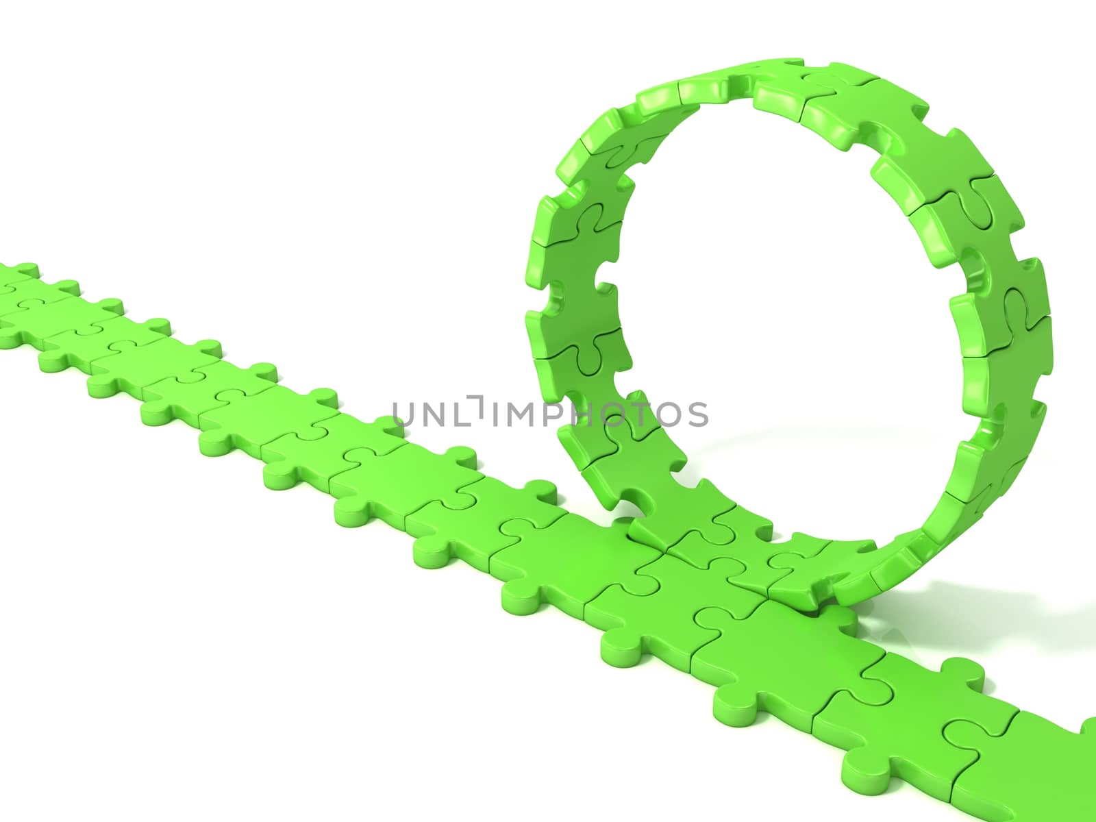 Green puzzle ring rotating over puzzle chain, isolated on white background