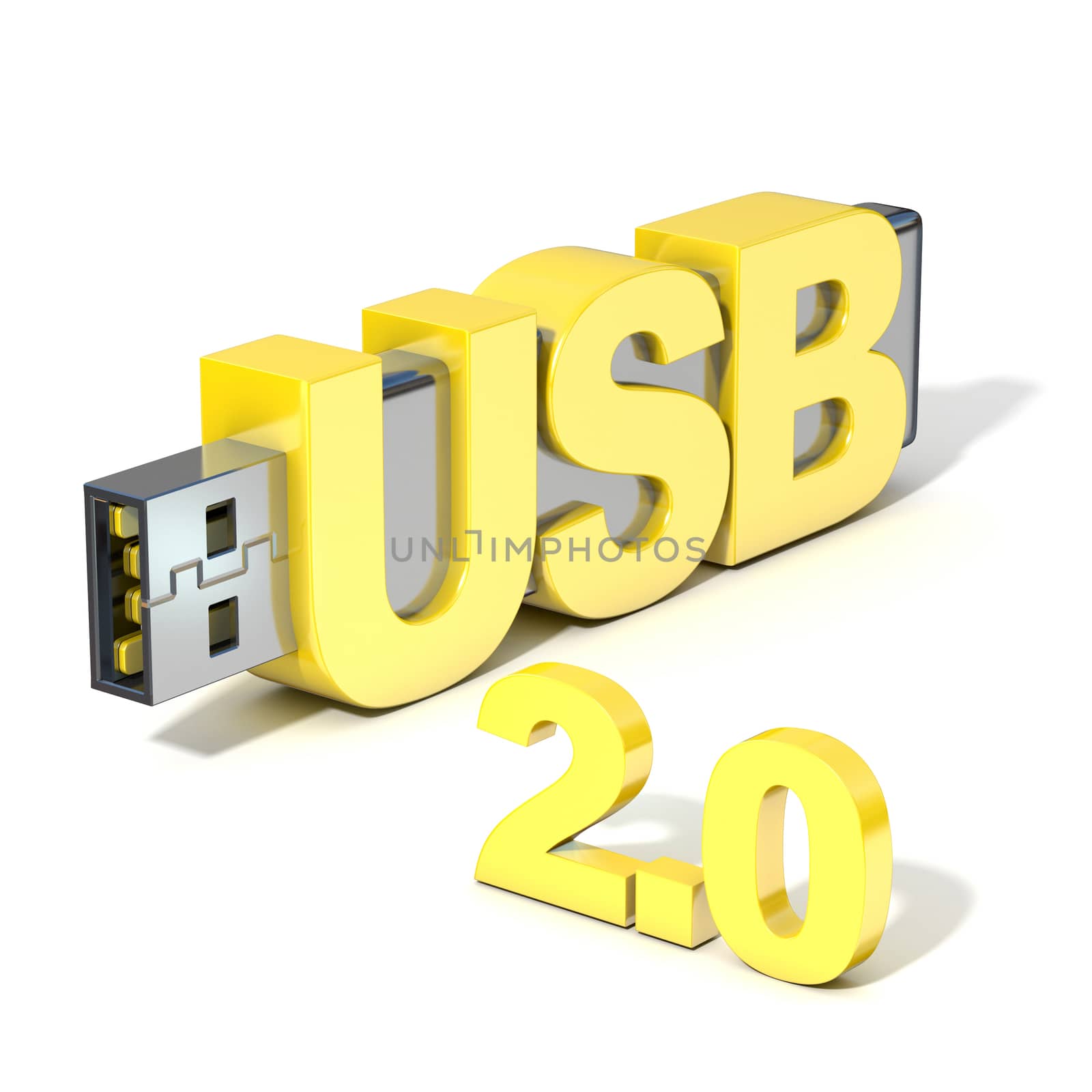 USB flash memory 2.0, made with the word USB. 3D render illustration isolated on white background
