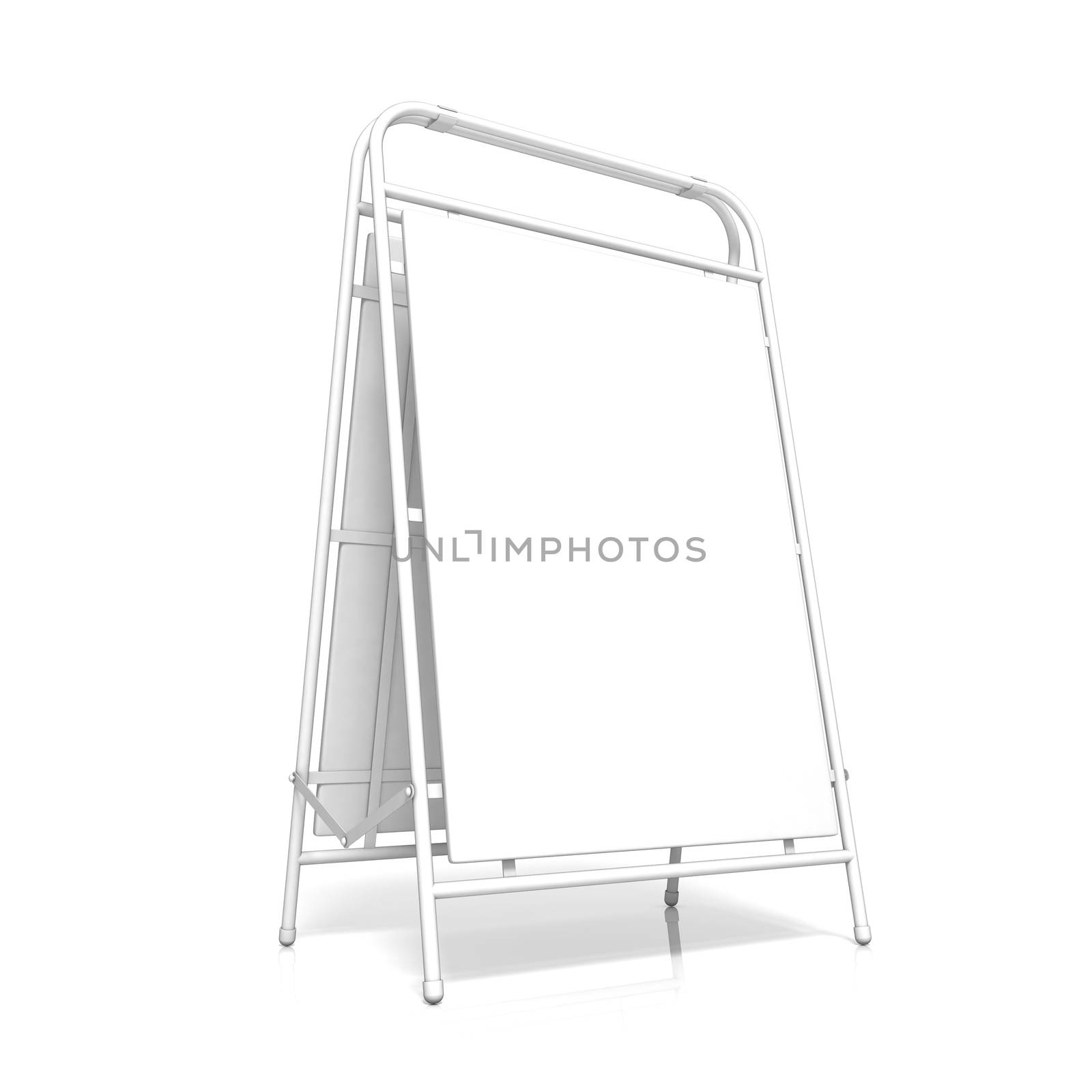 White advertising stand, with copy space board. Side view. 3D illustration isolated on white background