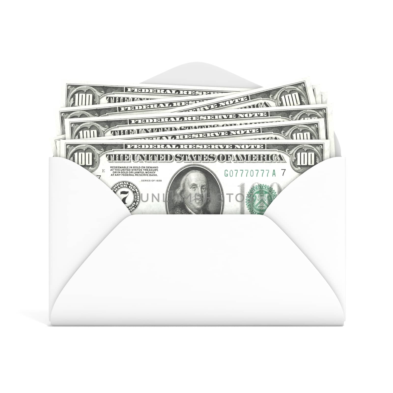 Dollars in envelope. Front view. 3D render illustration isolated on white background