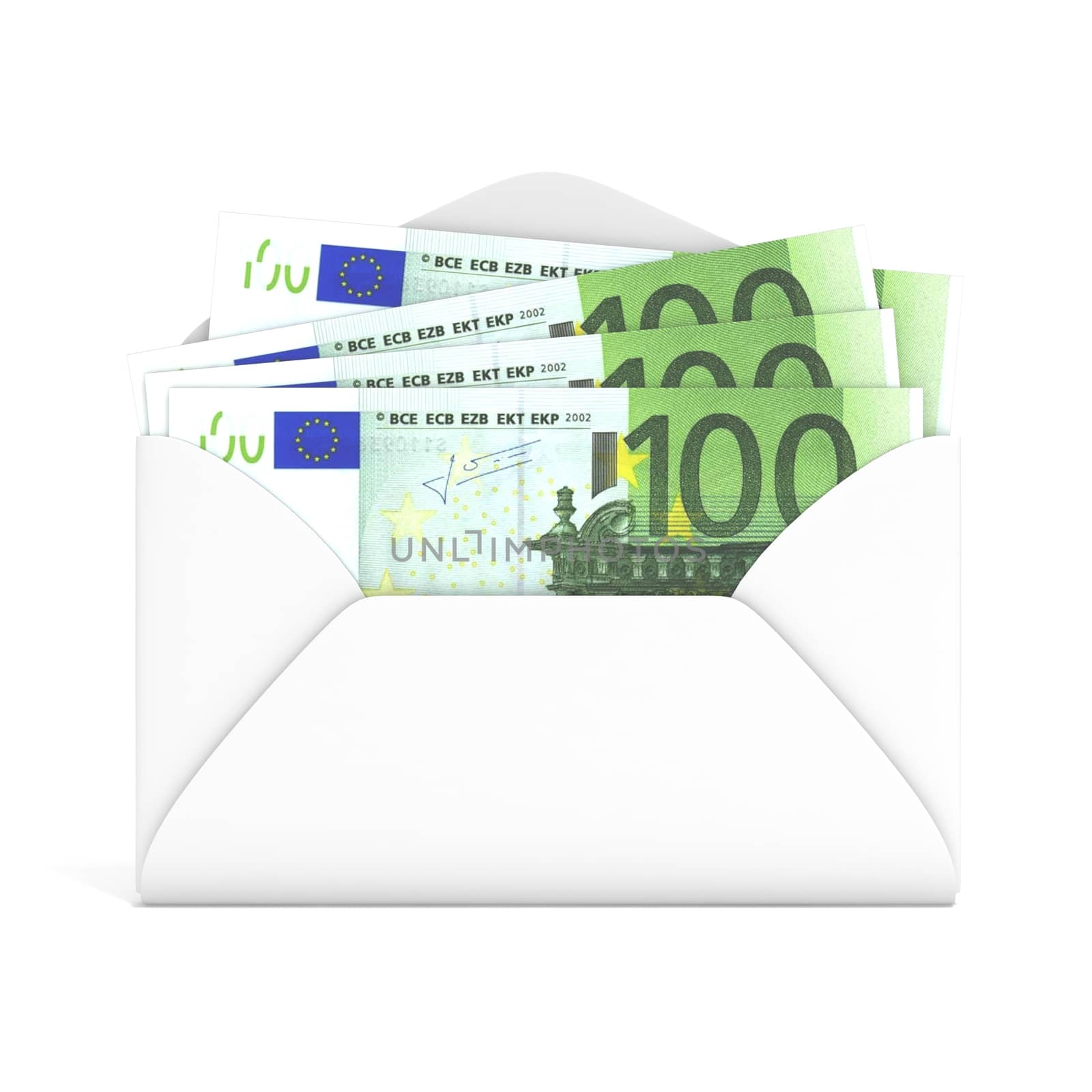 Euros in envelope. Front view. 3D render illustration isolated on white background