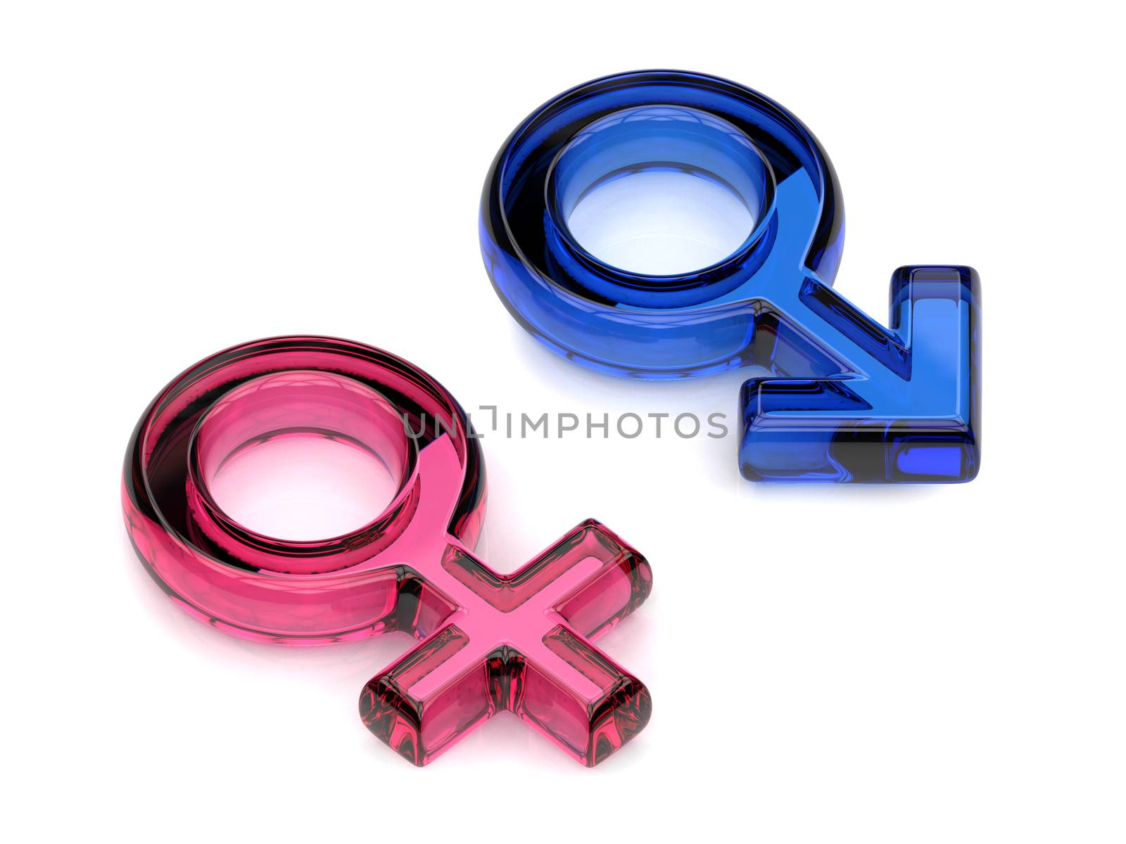 Male and female sex symbols. Transparent gems. 3D by djmilic