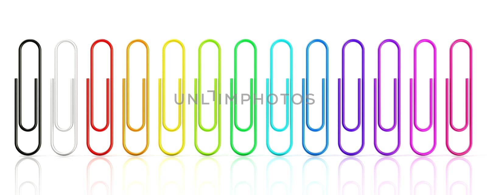 Colorful collection of paper clips isolated on white background. Rendered Illustration.