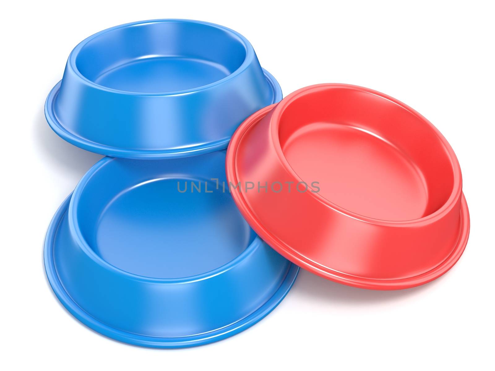 Two blue pet bowls for food and one red. 3D by djmilic